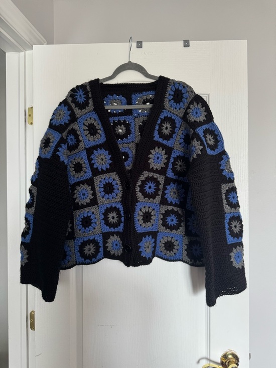 Hand Crafted Sweaters - Hand Crafted Black Crochet Patchwork Cardigan with Blue and Gray Motifs. Ptp 27